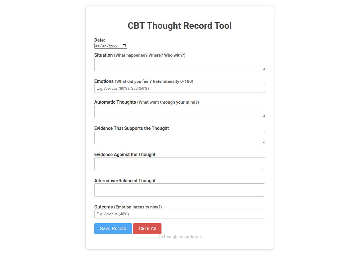Free Online Tool for Cognitive Behavioral Therapy Thought Records in Therapist Practice
