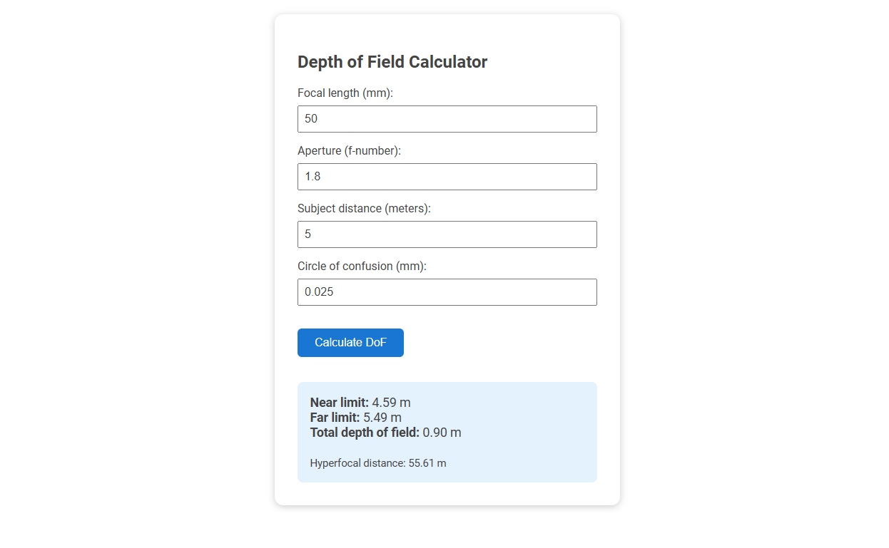 Free Online Tool for Accurate Depth of Field Calculation in Photography