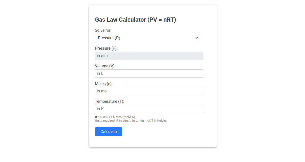 Free Online Tool for Gas Law Calculations (PV=nRT) in Scientific Research
