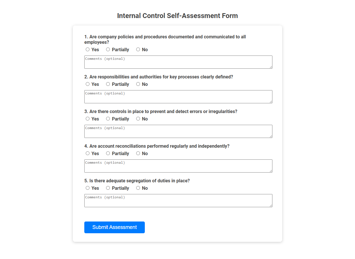 Free Online Tool for Internal Control Self-Assessment Form in Auditor Category