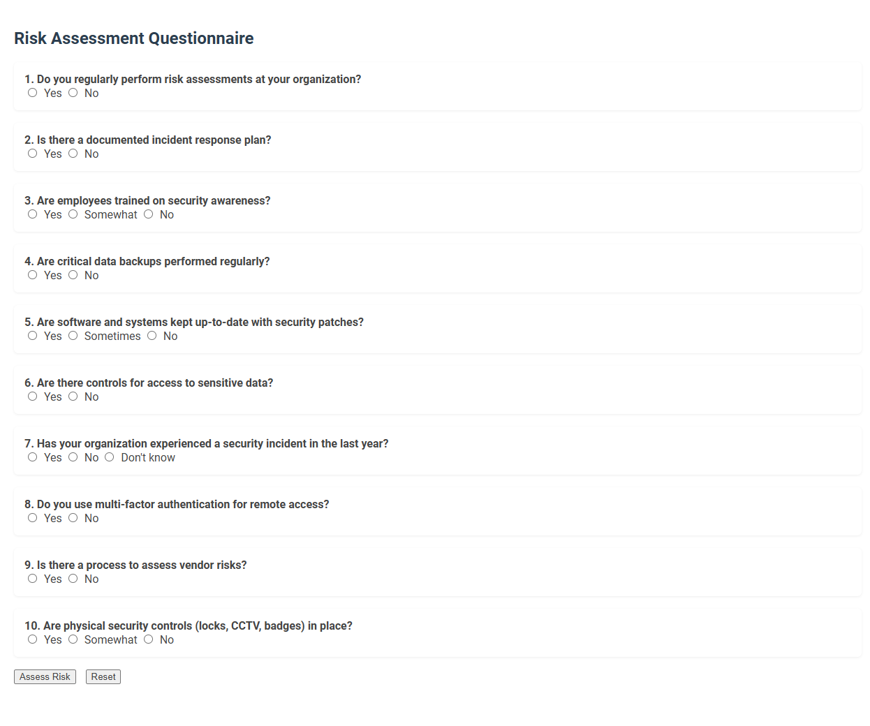 Free Online Tool for Risk Assessment Questionnaire in the Consultant Category