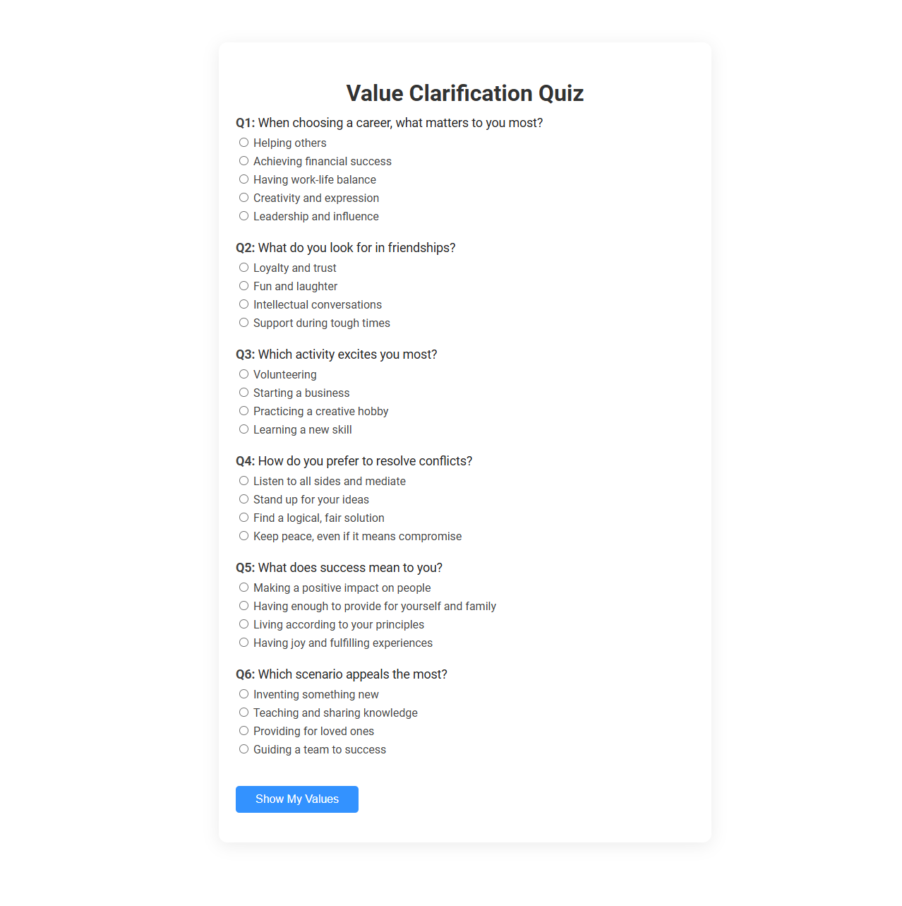 Free Online Tool for Value Clarification Quiz in Coaching